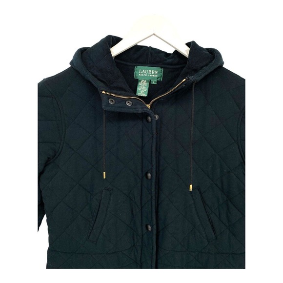 Ralph Lauren Womens Coat Large Black Quilted Pockets Zip Hoodie L - Picture 2 of 9